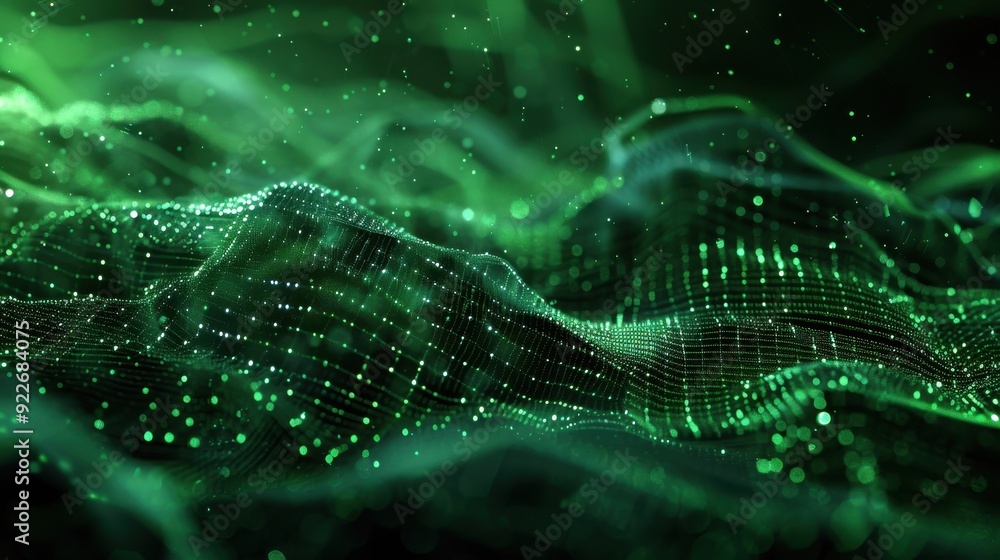 Poster abstract digital landscape with glowing green lines and particles forming a dynamic wave pattern.