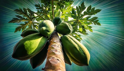A papaya tree with large, vibrant green papayas hanging from the trunk, with the tropical sunlight casting intricate shadows on the leaves.