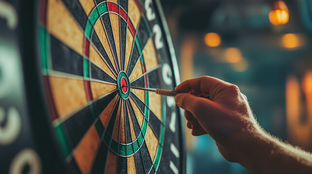 A dart player pulls his dart out of the dartboard after shooting a bullseye in a pub