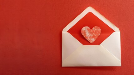 Open envelope with heart-shaped cutout on a vibrant red background.