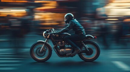 A Motorcyclist Speeds Through a Blurred Cityscape at Night
