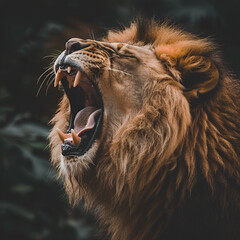 Roaring lion photographed from close up, Lalibela Game Reserve, Eastern Cape, South Africa Big lion showing who is the king (focus on teeth) Close-up shot of roaring lion, Generative AI


