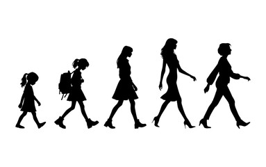 Vector illustration. Silhouette of growing up man from baby to old age. Many people of different ages in a row