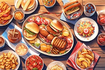 Patriotic Picnic Platter: A Mouthwatering Spread of Burgers, Hotdogs, Fries, and Condiments for America's Independence Day Celebration, A Bird's Eye View Illustration