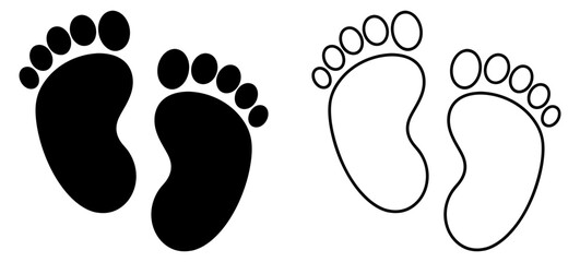 Foot prints icon set. Black baby footprints icon isolated on white. Vector illustration