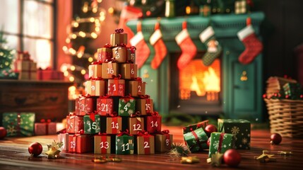 Festive Christmas Present Tower in Cozy Room Setting