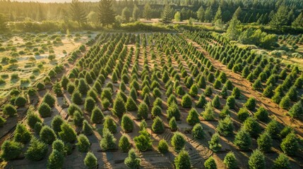 Fototapeta premium Aerial View of Lush Orchard at Sunrise with Rolling Hills