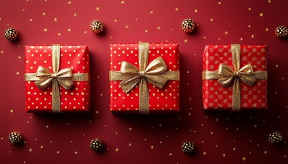 Fototapeta premium Festive Red Christmas Gifts with Golden Bows on a Starry Background
