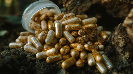 Natural Supplements in Capsules on Soil Background 