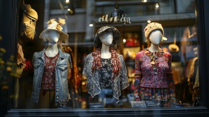 Fototapeta premium Fashionable Mannequins Displaying Women's Apparel in Storefront