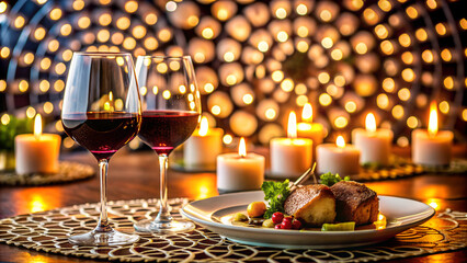 Fototapeta premium Candlelit dinner for two with gourmet dishes and a glass of red wine. Valentine's Day.