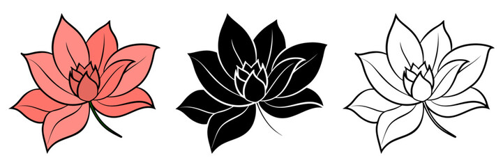 Lotus flower icon. Set of drawn lotus flowers isolated on white background. Black flowers. Vector illustration