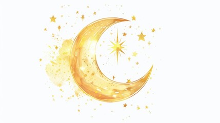 Crescent moon, small stars, and a bright sun, simple and elegant, isolated on white background