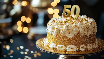 Golden 50th Birthday Cake with Sparkling Confetti Celebration