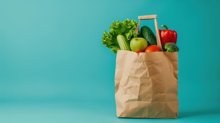 Paper bag filled with fresh vegetables and fruits against a blue background.