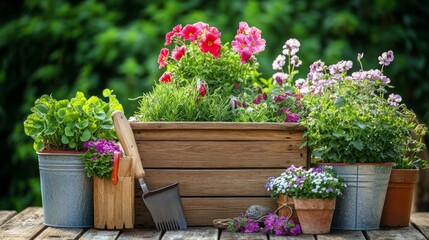 Summertime gardening and planting concept: wooden box, garden tools, and potted flowers