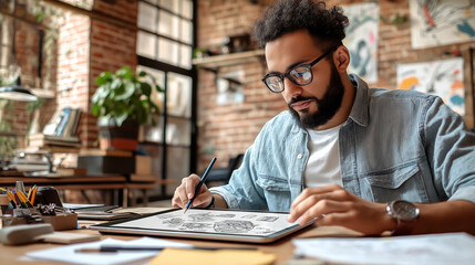 Obraz premium Creative Designer Drawing Sketches in Bright Modern Workspace