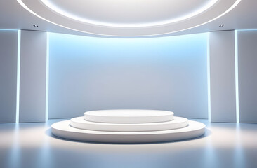 White podium in a white 3d room with light effects creating volume. Minimalist round pedestal for product placement and advertising.
