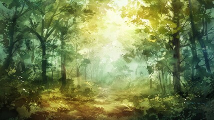 Obraz premium Enchanted Forest Sunrays Filtering Through Trees