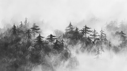 Misty Forest Landscape in Monochrome Tones