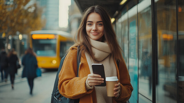 Young woman is smiling while holding a smartphone and a coffee cup at a tram stop in the city