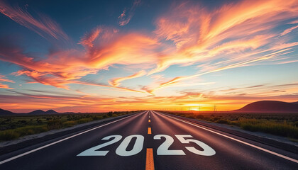 Text 2025 laying on road to infinity. New Year concept