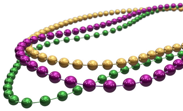 Mardi Gras beads over a transparent background, with depth of field. 3D render.
