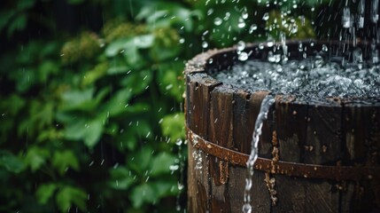 Fototapeta premium Overflowing Wooden Barrel in Rainy Garden Scene