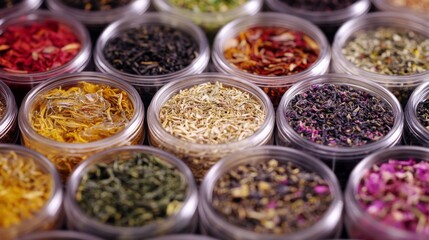 Vibrant Assortment of Loose Leaf Teas in Glass Jars