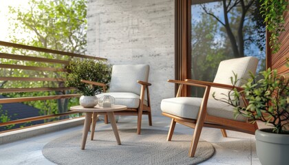 Obraz premium Sunny Balcony Retreat with Modern Armchairs and Green Plants