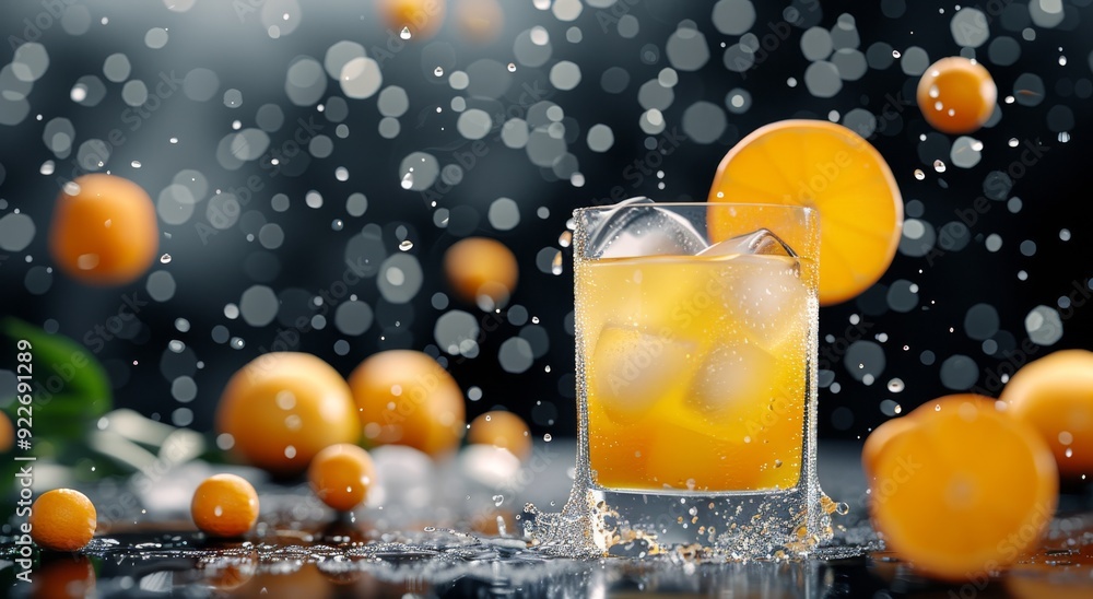 Poster refreshing citrus drink with ice and oranges splashing on dark background