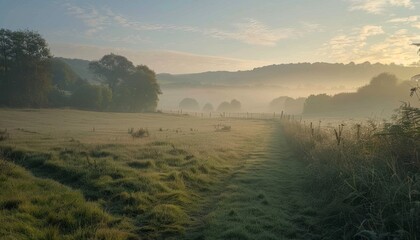 Golden Sunrise Over Misty Fields with Vibrant Sky