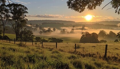 Golden Sunrise Over Misty Fields with Vibrant Sky