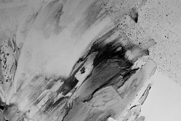 Art oil and acrylic smear blot canvas painting stucco wall. Abstract texture black and white color...