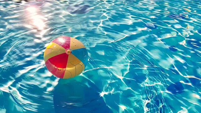 Beach ball floating in pool water with reflection. Summer time fun vacation background video. Swimming pool play time motion picture. Ripples on surface light blue water.