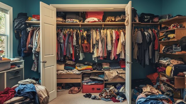 Cluttered Closet Overflowing with Clothes and Items