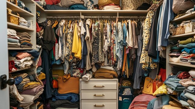 Cluttered Closet Overflowing with Clothes and Items