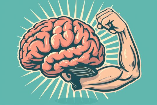 Illustration of a brain flexing a muscular arm, symbolizing mental strength and intelligence.