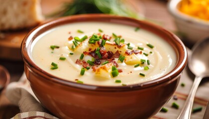 Creamy Potato Soup with Cheese and Bacon Garnish