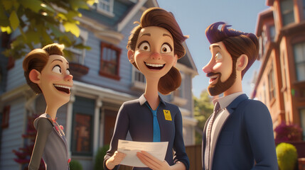 A real estate agent showing a property to potential buyer's Animated character, C4D model rendering, 3D rendering - Generative AI