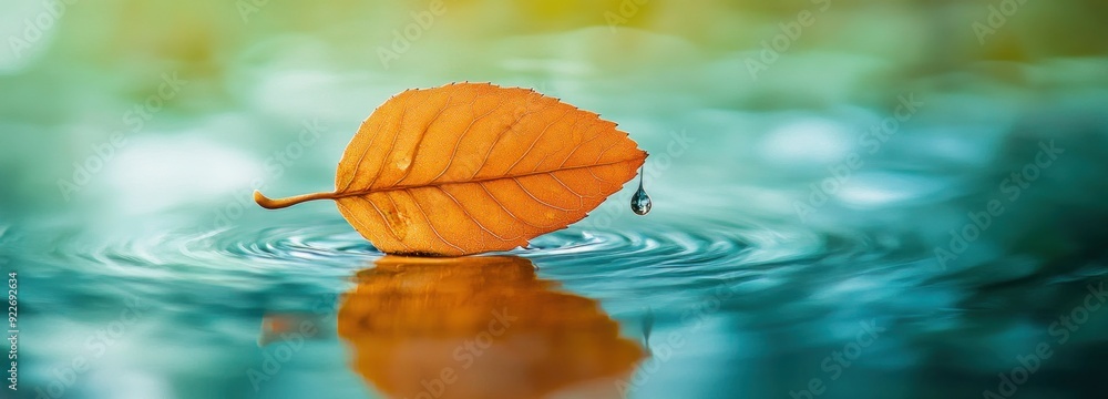 Poster a single autumn leaf floating on calm water with a droplet