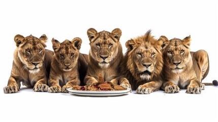Obraz premium Lions feasting together Group gathered around a meal, intense expressions, detailed textures, isolated on white background