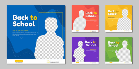 Back to school Collection Five study abroad education backgrounds 0f school admission square flyer poster templates social media pack banner design templates set