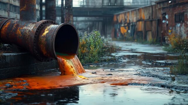 Polluted industrial wastewater flowing from a rusty pipe into a contaminated river, representing severe environmental degradation and water pollution