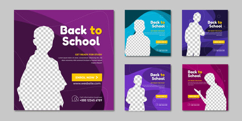 Back to school Collection Five study abroad education backgrounds 0f school admission square flyer poster templates social media pack banner design templates set