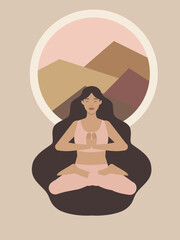 Illustration of a woman meditating, doing yoga, with neutral colors. Poster. Print.