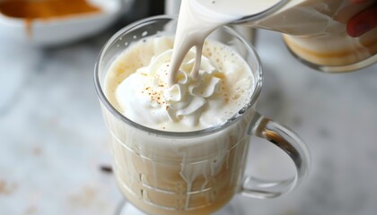 Pouring Cream into Coffee Cup at Cozy Cafe. Add Frothed Milk and Vanilla Extract for Flavor