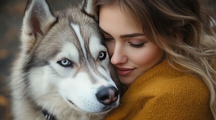 Young woman hugs the head of her Siberian Husky dog on outdoors