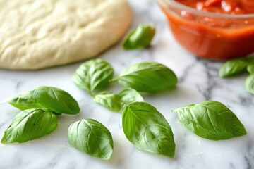 Fresh Basil Leaves with Pizza Dough and Sauce on Kitchen Counter