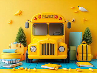 Podium background school bus yellow product display 3D backpack stand. Back to school podium with a yellow school bus, books, and notebooks, capturing the excitement of the new school year.